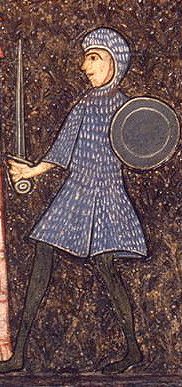 Barcelona. Fragment del frontal de Sant Pere de Bo que representa un soldat armat amb escut i espasa. Segle XII. MNAC. Foto(Mrida/Sagrist/Calveras).